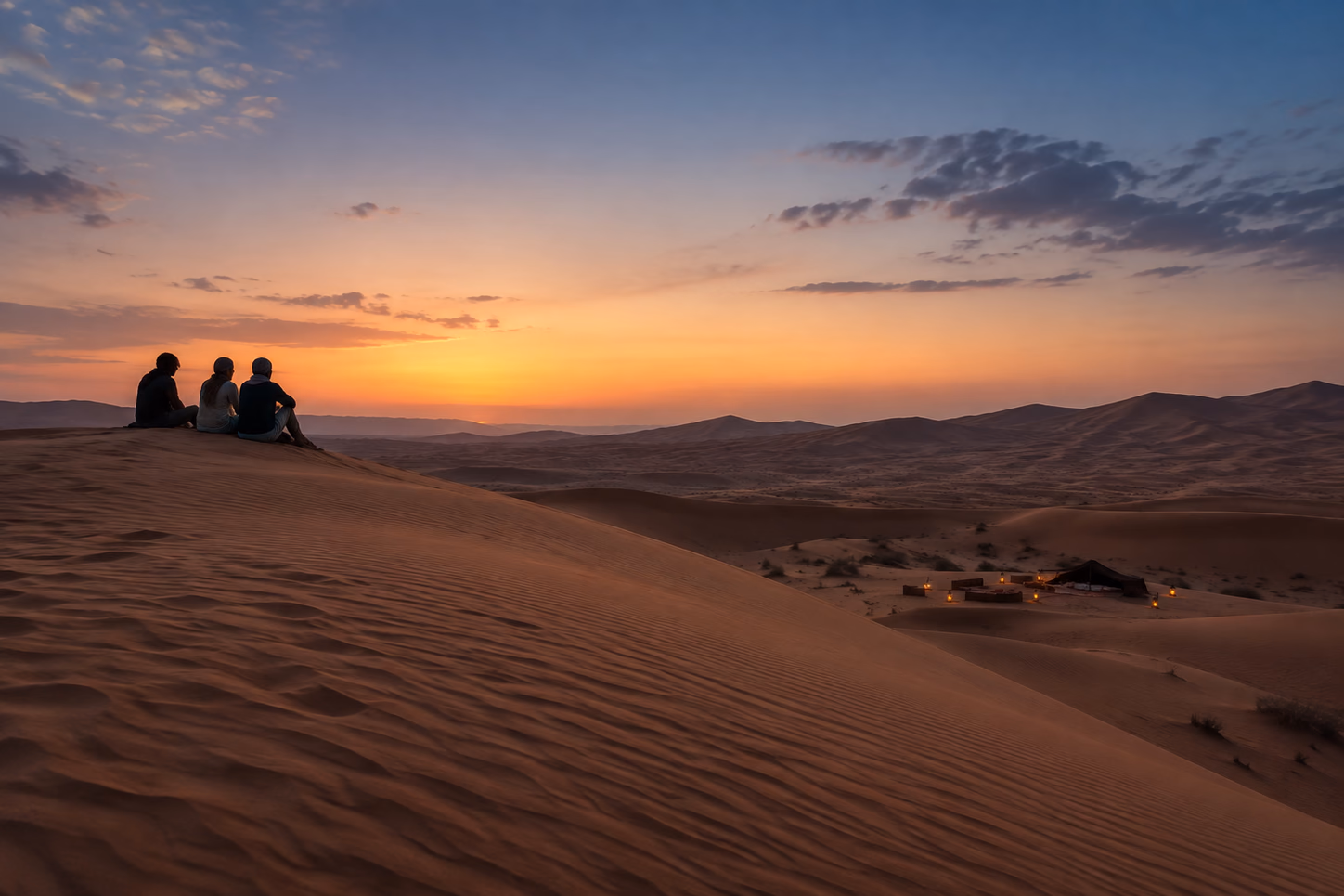 Viaggiatori osservano il tramonto nel deserto