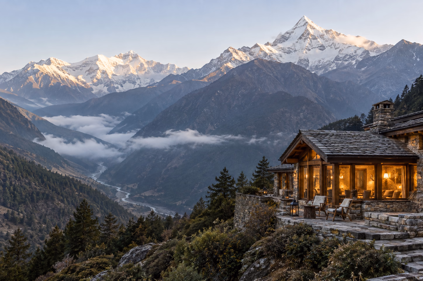 Un rifugio di montagna affacciato sulle vette dell’Himalaya